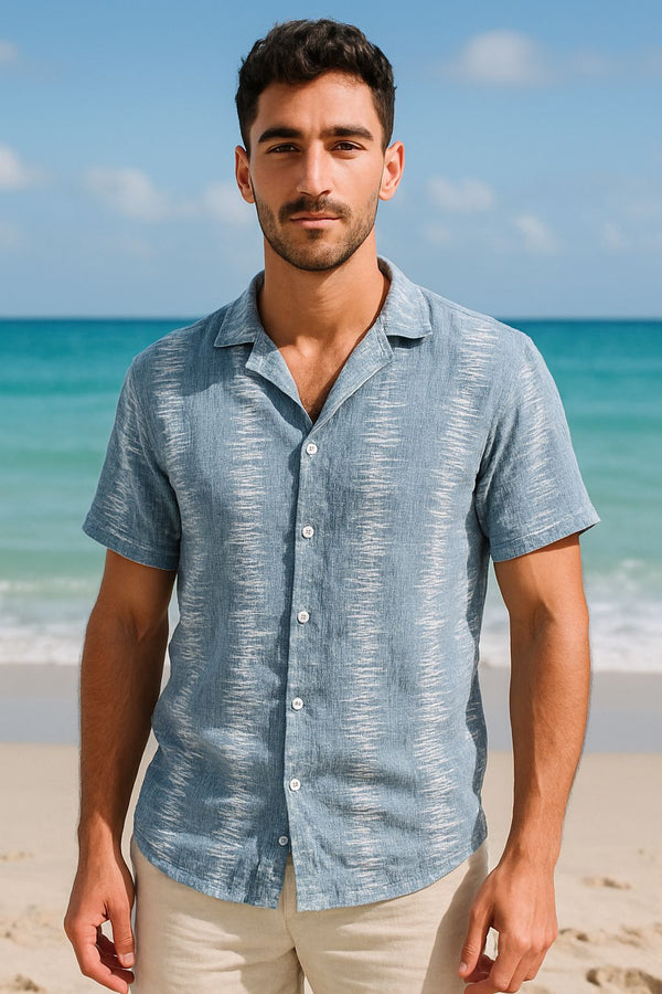 Textured Blue Cuban Collar Shirt
